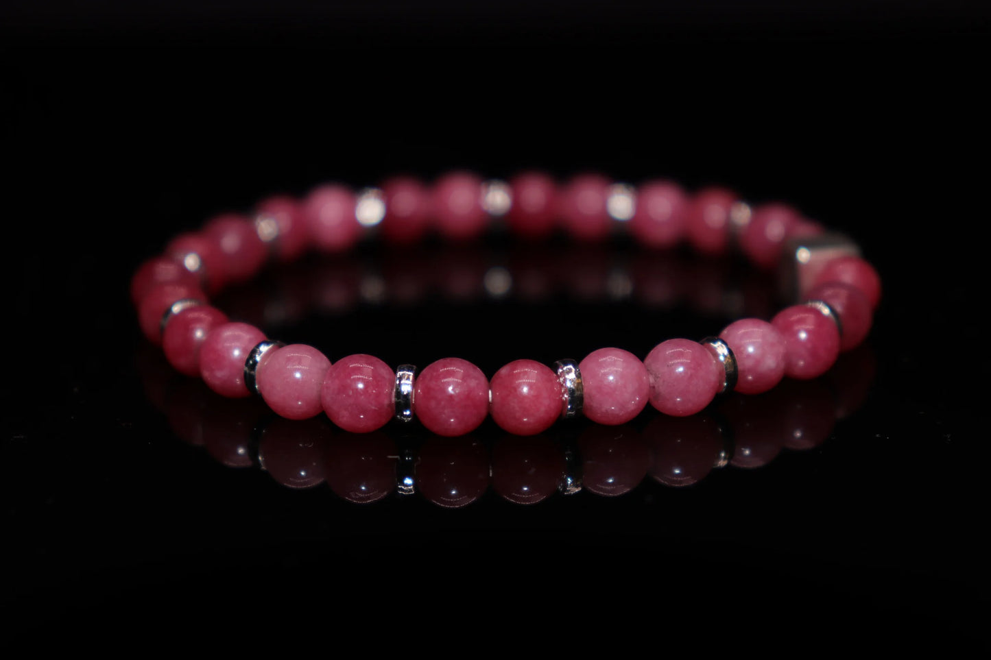 Rhodochrosite silver bracelet 6mm with beautiful rose pink and white banded crystal beads, love stone of passion and loyalty jewelry product photo