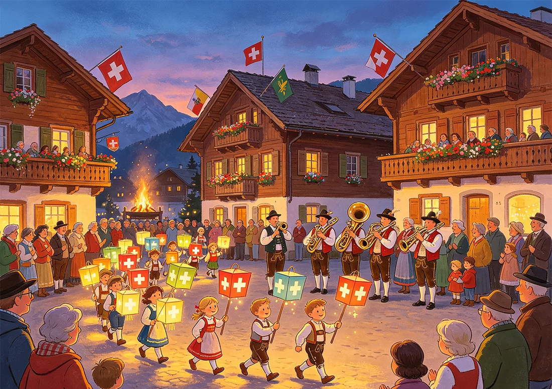 Community parade on Swiss National Day with flags and alpine traditions | August global festival and cultural event photography for travel and tourism websites
