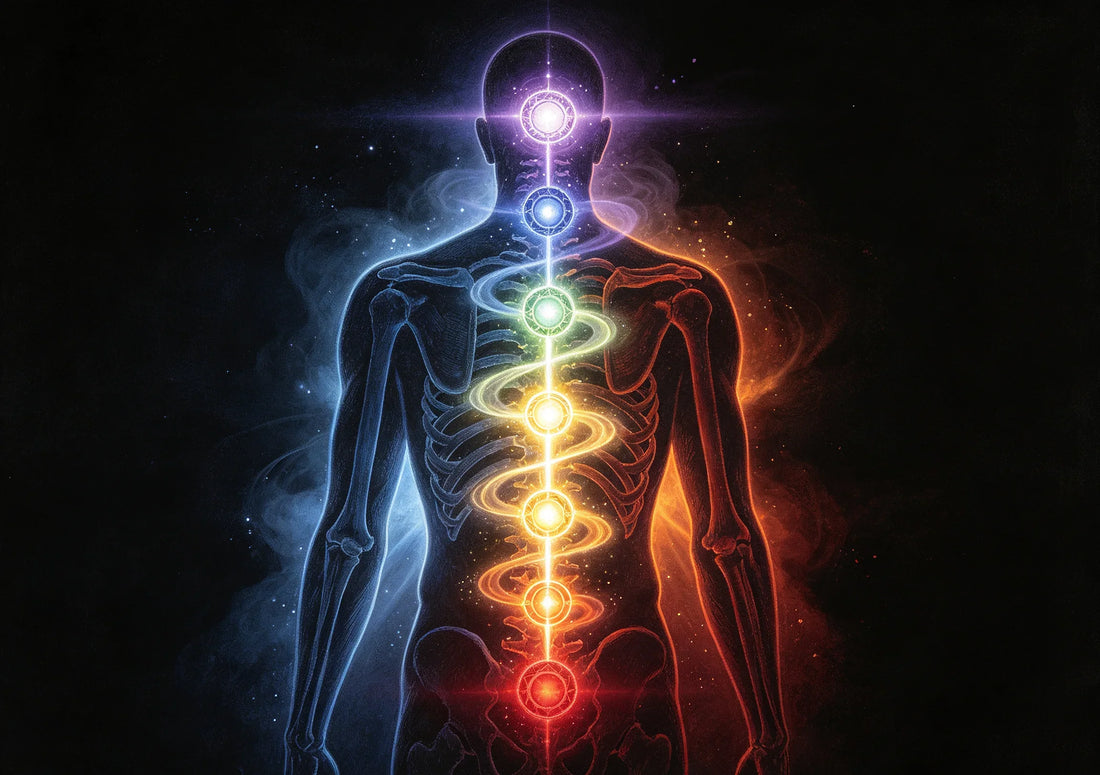 Three luminous channels winding up a spine, seven glowing wheels along them.