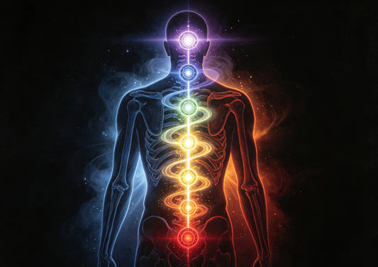 Three luminous channels winding up a spine, seven glowing wheels along them.