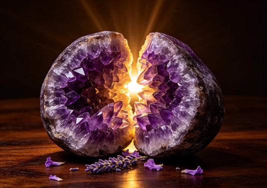 Large amethyst geode split open revealing deep violet crystals, warm golden light creating a mystical inner glow