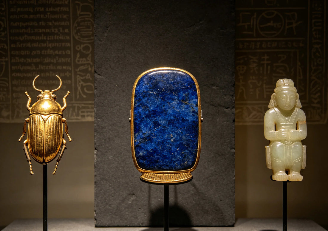 Lapis lazuli amulet and ancient protective jewelry from three civilizations on dark stone