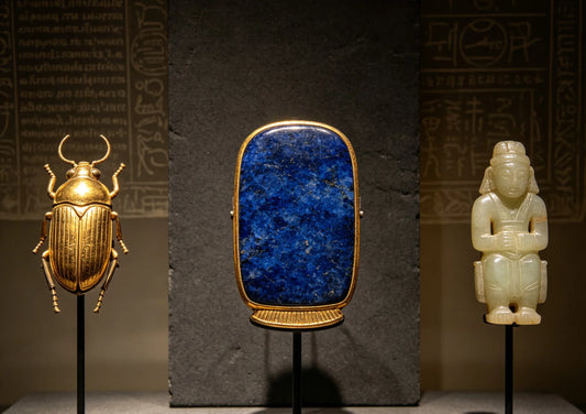 Lapis lazuli amulet and ancient protective jewelry from three civilizations on dark stone