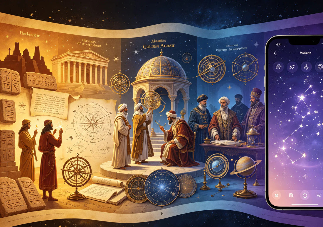 Historical timeline of astrology from Babylonian clay tablets through Hellenistic scrolls and Islamic manuscripts to smartphone apps