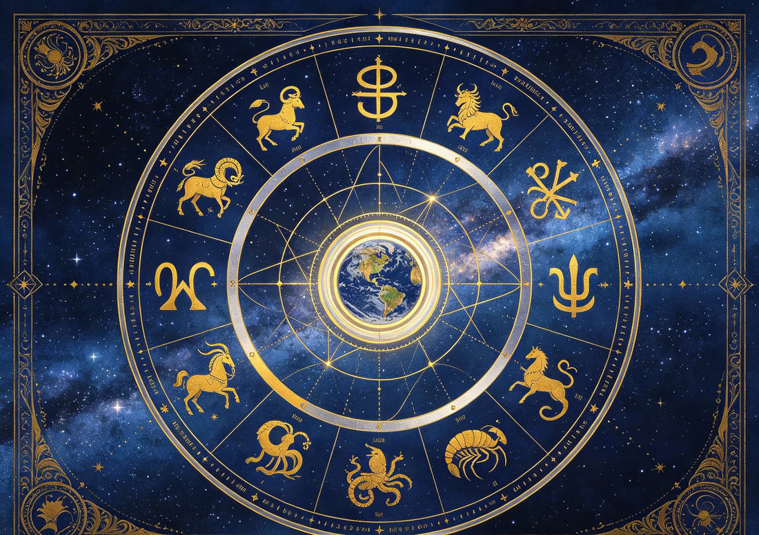 An illuminated wheel of the zodiac with twelve constellation symbols arranged in a circle, planetary glyphs, and golden aspect lines against a deep blue night sky