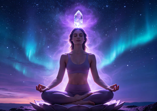 Woman meditating with clear quartz crystal on her crown chakra, surrounded by violet light.