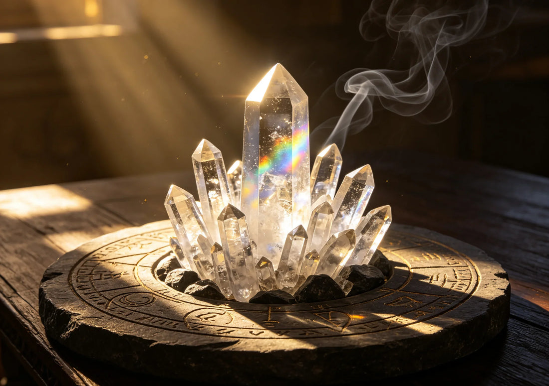 Clear quartz crystals rising from a dark stone altar, rainbow prism refracting through the largest point onto ritual symbols