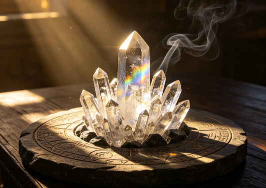 Clear quartz crystals rising from a dark stone altar, rainbow prism refracting through the largest point onto ritual symbols