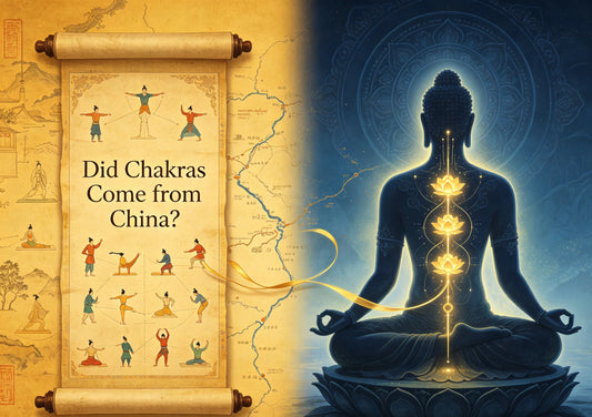 Ancient Chinese silk manuscript and Indian chakra diagram joined by a golden thread