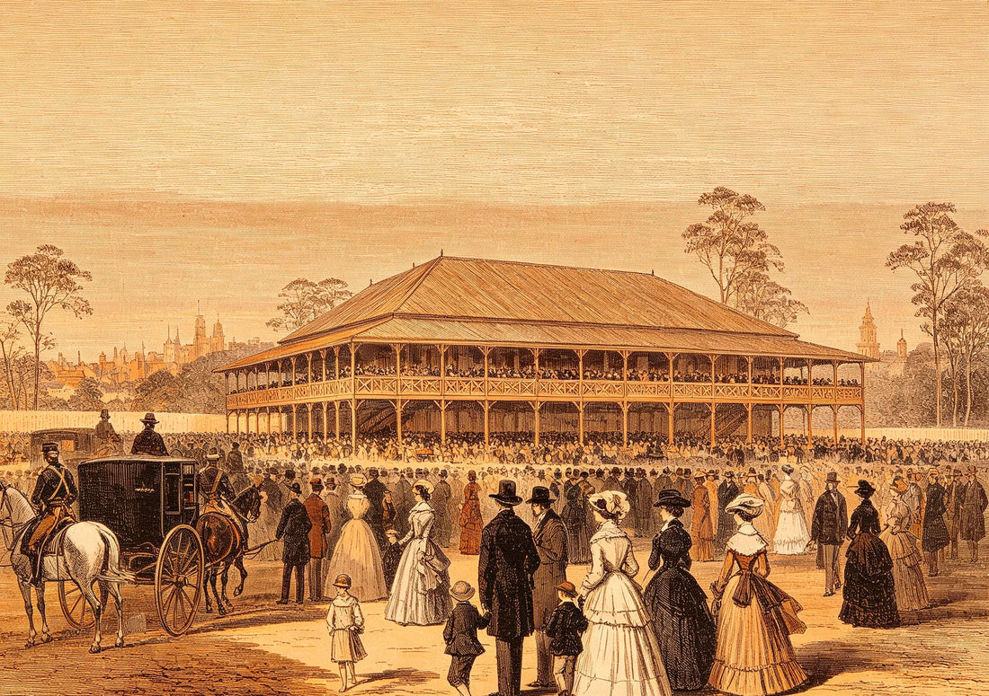 1876 Intercolonial Exhibition at Bowen Park, Brisbane, with crowds, timber building, and horse-drawn carriages.