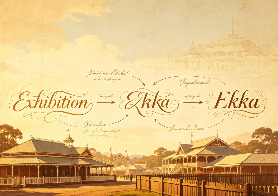 Creative typographic illustration showing the word "Exhibition" transforming into "Ekka" through Queensland abbreviation, with Brisbane Showgrounds in the background