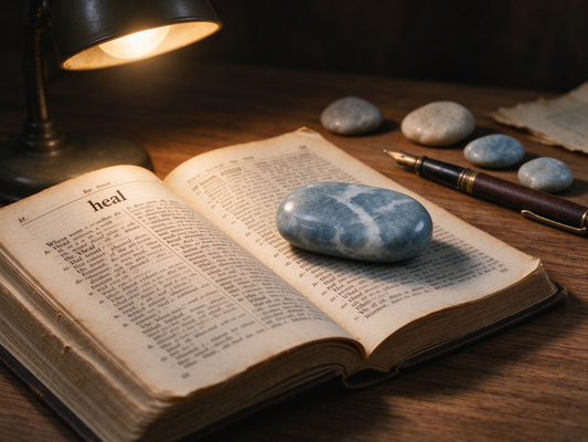 An open vintage etymology dictionary showing the word "heal", with a smooth blue stone resting on the page