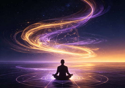 A luminous cosmic scene of a meditating figure whose silhouette dissolves into radiant light and sacred geometry, symbolizing the awakening of consciousness.