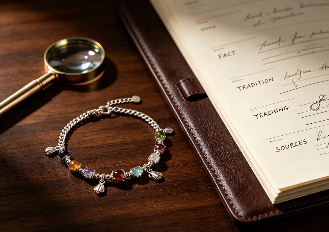 Silver gemstone bracelet beside a magnifying loupe and an open notebook on a dark desk