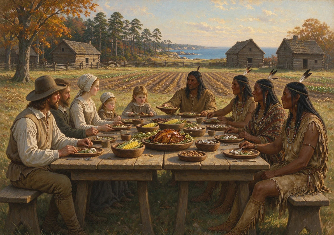 English settlers and Wampanoag guests sharing an outdoor harvest feast at Plymouth, 1621.