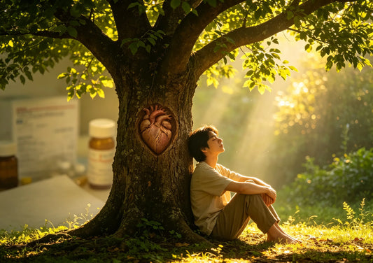 A person sitting in contemplative peace beside a flourishing tree, symbolizing holistic healing beyond medical treatment.