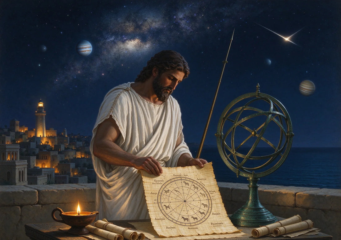 A Hellenistic astrologer on an Alexandria rooftop at night, reading a zodiac chart beneath the stars