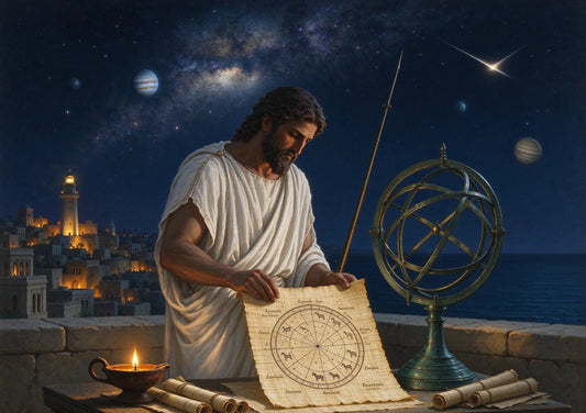 A Hellenistic astrologer on an Alexandria rooftop at night, reading a zodiac chart beneath the stars