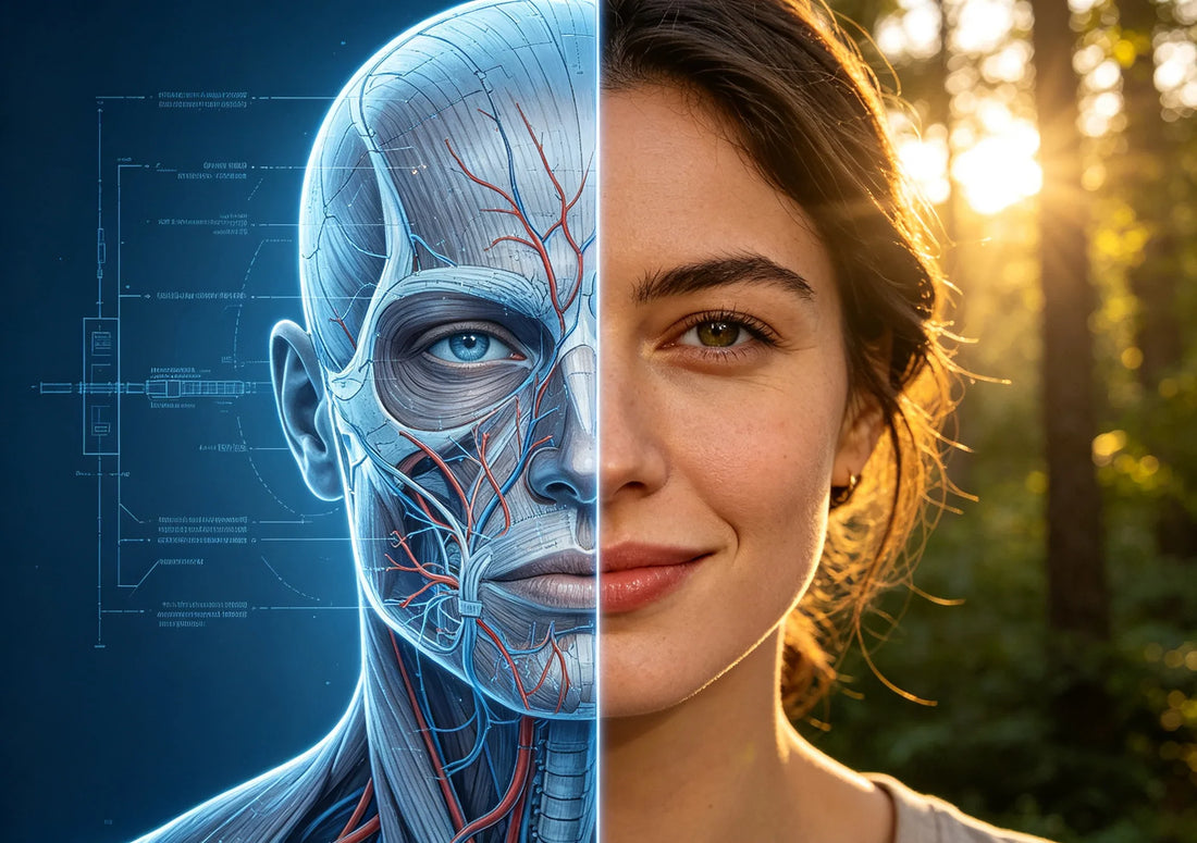 Two halves of a human face: left side as anatomical diagram, right side as living person in nature, showing two views of health.