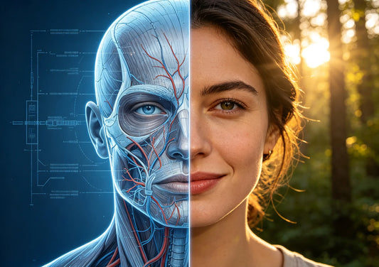 Two halves of a human face: left side as anatomical diagram, right side as living person in nature, showing two views of health.