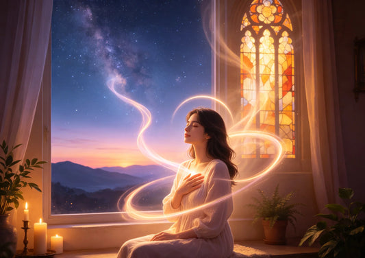 A serene person with eyes closed, three soft threads of light rising outward, upward and inward around them