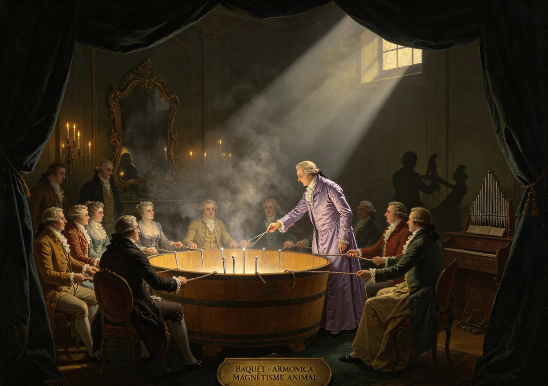 A candle-lit eighteenth-century salon where patients sit around a wooden baquet while a robed healer gestures above them.