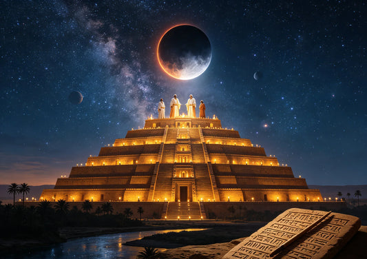 Ancient Babylonian priest-scribes watching a lunar eclipse from a ziggurat under a star-filled sky