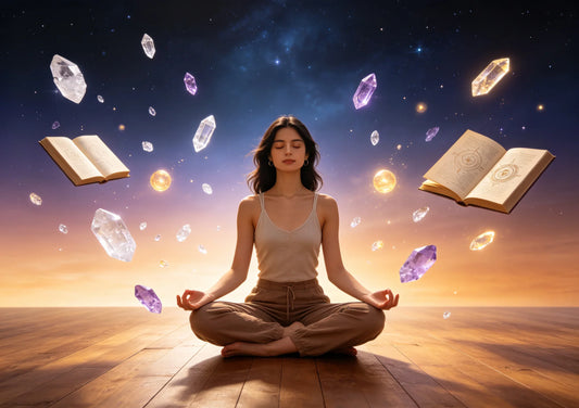 Ethereal collage showing a person meditating surrounded by crystals, books, and flowing energy against a soft cosmic background.