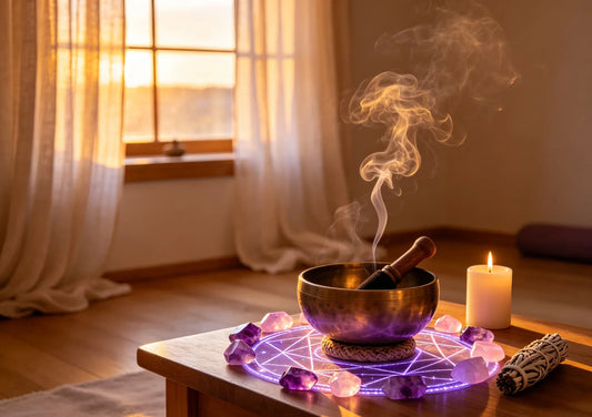 Tranquil healing room with Tibetan singing bowls, amethyst and rose quartz in sacred geometric patterns, soft candlelight, rising sage smoke, and warm sunset light filtering through linen curtains