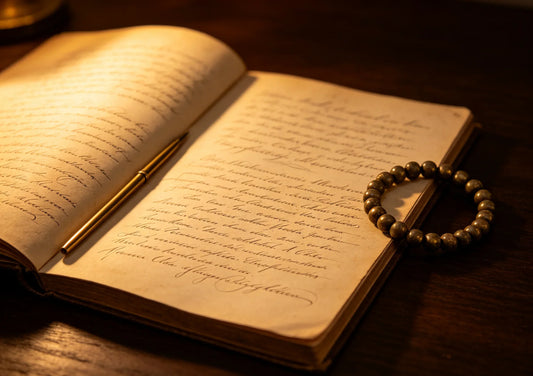 Antique Sanskrit-style manuscript open on a dark desk beside a bronze-toned bead bracelet