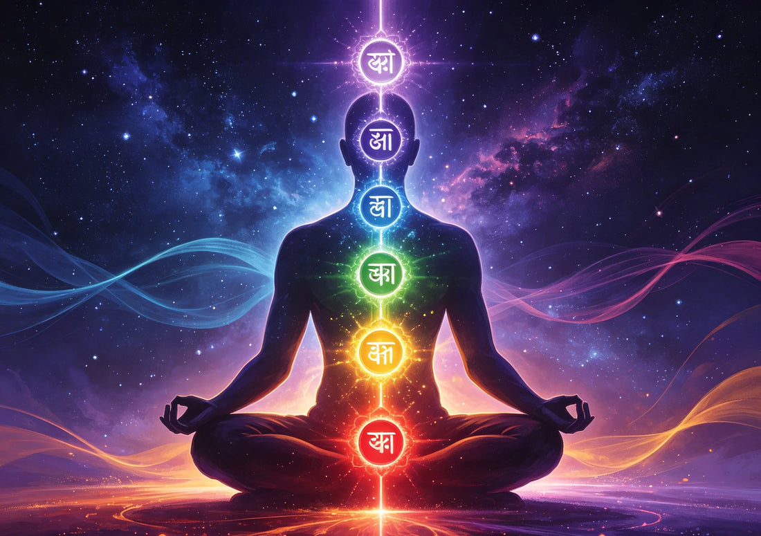 Seven chakras as spinning energy wheels along the spine with lotus symbols and Sanskrit mantras