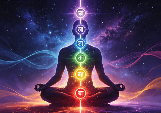 Seven chakras as spinning energy wheels along the spine with lotus symbols and Sanskrit mantras
