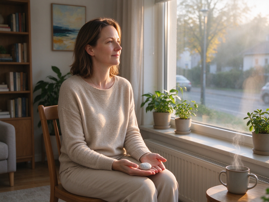 A calm middle-aged woman sitting by a sunlit window at home, a smooth stone resting in her open palm