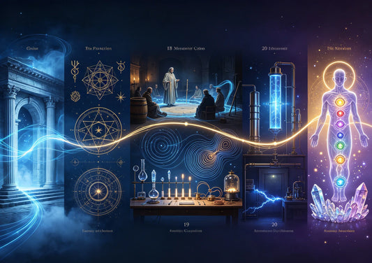 Timeline of subtle energy from Greek aether to Renaissance magic, Mesmer's salon, Reich's orgone, and modern crystals.