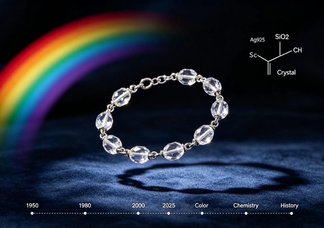 Crystal bracelet with rainbow spectrum, chemistry symbols and history timeline