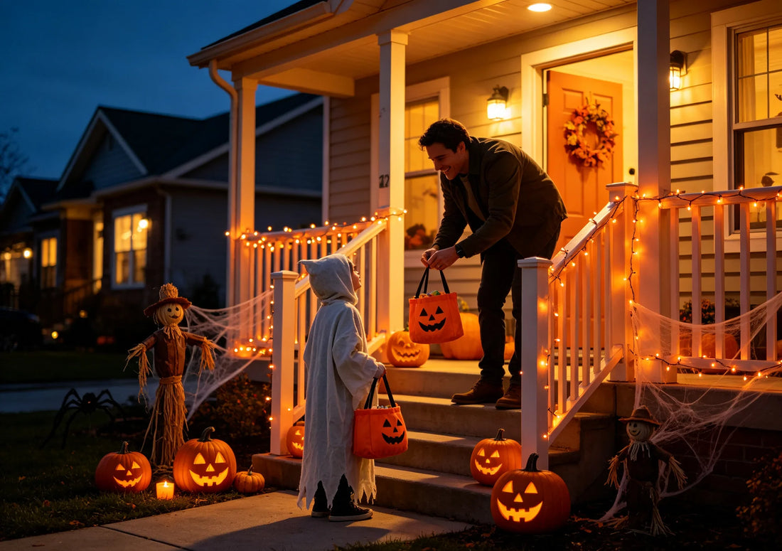 Costumed child at a lit suburban porch on Halloween night holding out a candy bag.