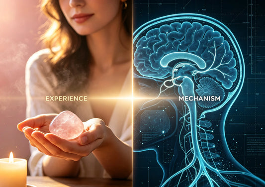Warm hand holding a rose quartz on one side, cool brain scan imagery on the other, joined by a band of light