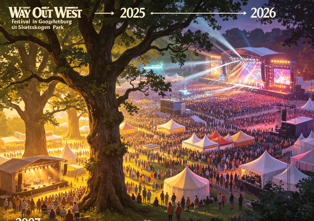 Collage-style timeline of Way Out West festival from 2007 to 2026 showing crowd growth and Slottsskogen park transformation.