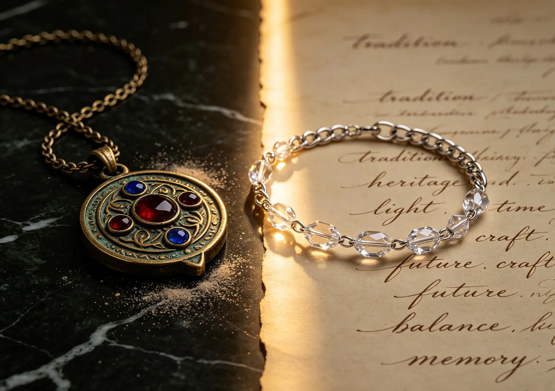 Ancient amulet beside a modern crystal bracelet, tradition and science wrapped together