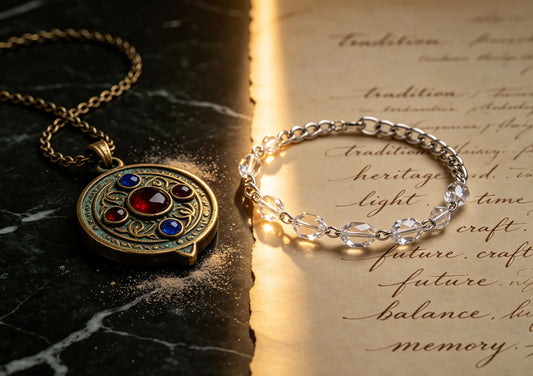 Ancient amulet beside a modern crystal bracelet, tradition and science wrapped together