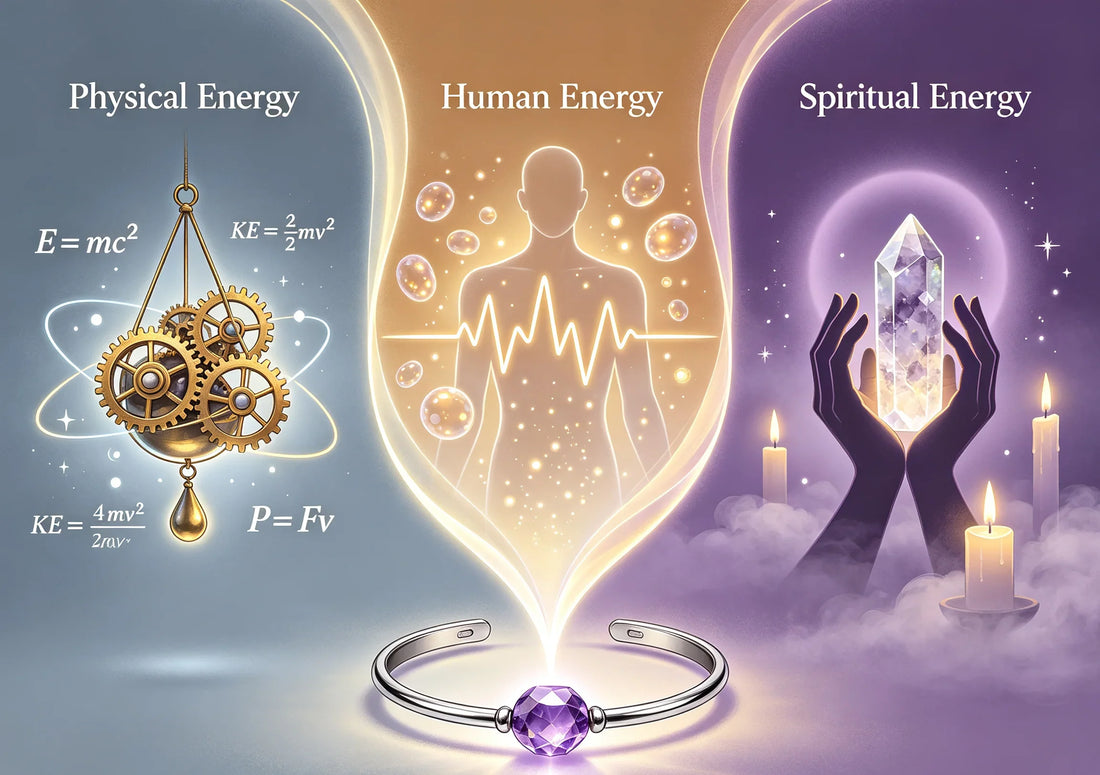 Triptych showing energy as physics, biology and spirituality on one glowing bracelet.