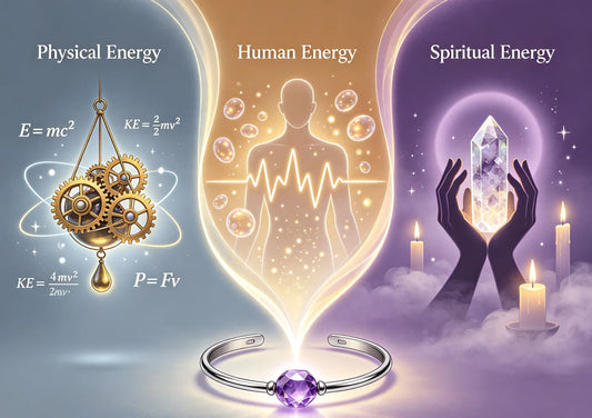 Triptych showing energy as physics, biology and spirituality on one glowing bracelet.