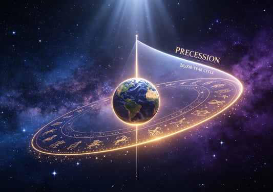 Earth's wobbling axis tracing a vast circle across a starfield and zodiac band