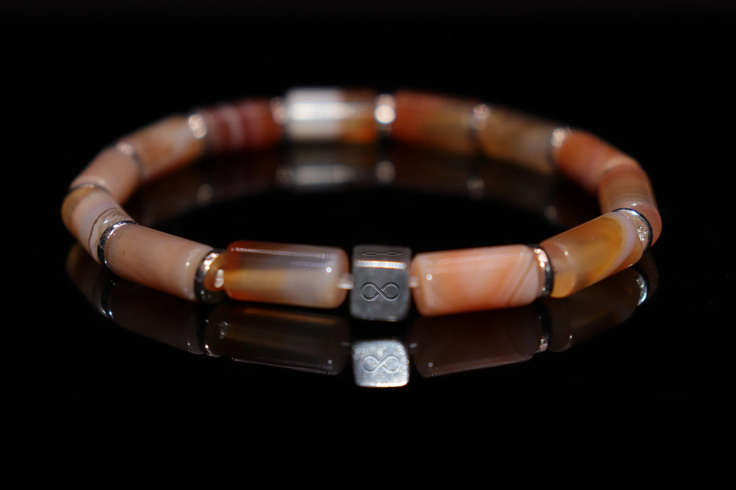 Agate silver bracelet 6mm with natural multi-layered banding patterns, May birthstone of vitality and strength jewelry product photo