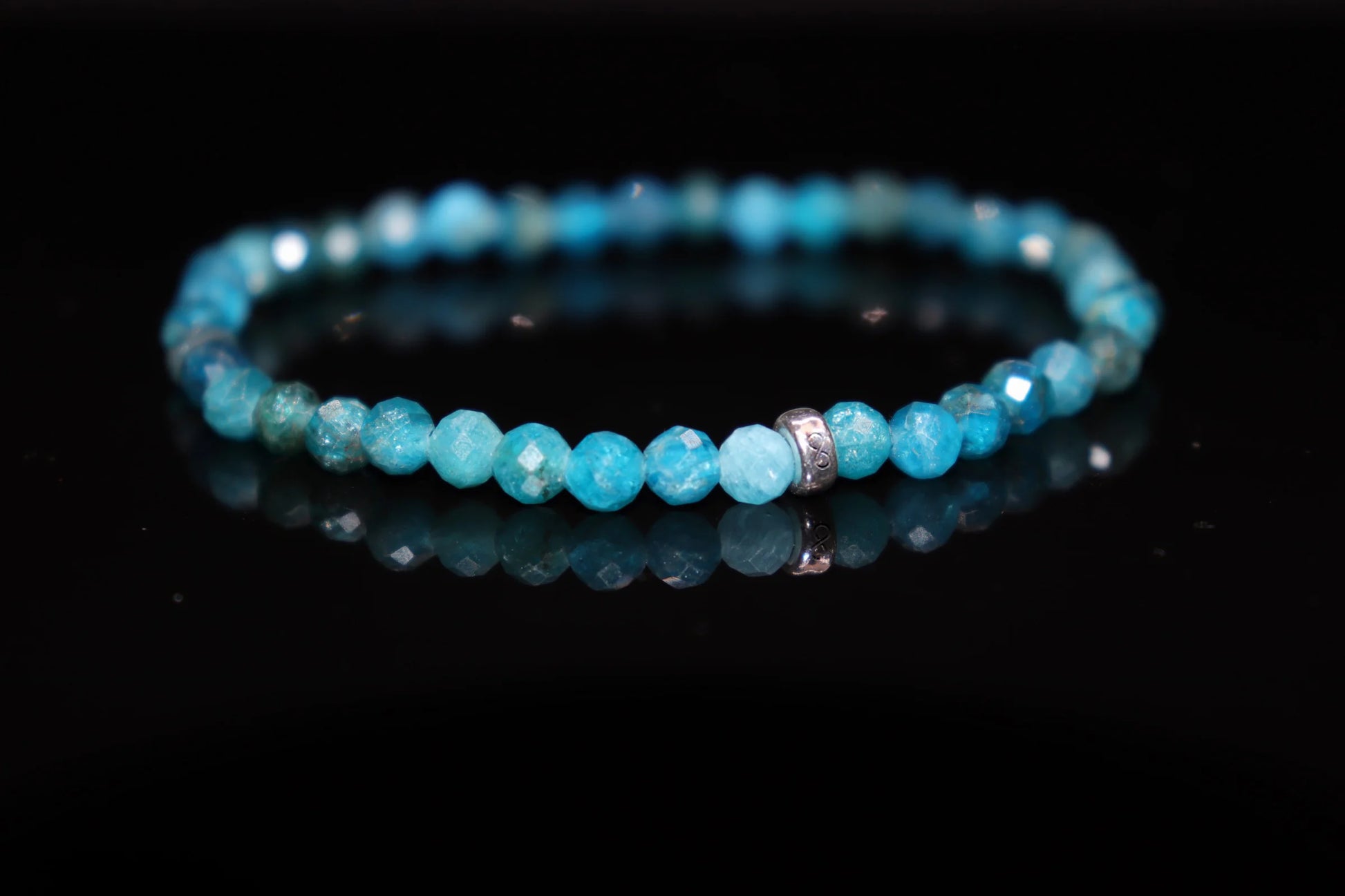 Blue apatite silver bracelet 3mm with vivid ocean and sky blue crystal beads, spiritual vision and metaphysical gemstone jewelry product photo