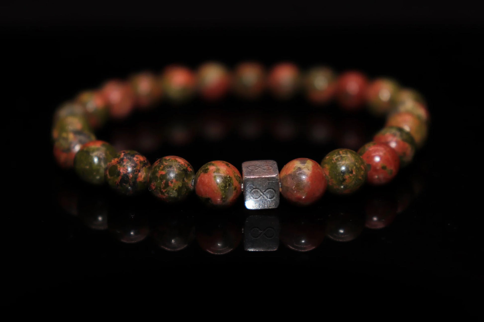 Dragon blood jasper silver bracelet 6mm with distinctive red spots on deep green stone, vitality and sacred victory gemstone jewelry product photo