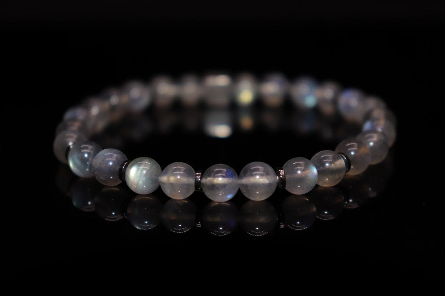 Grey moonstone silver bracelet 6mm with mystic silver-grey adularescent glow, Roman goddess Diana wisdom and love blessing jewelry product photo