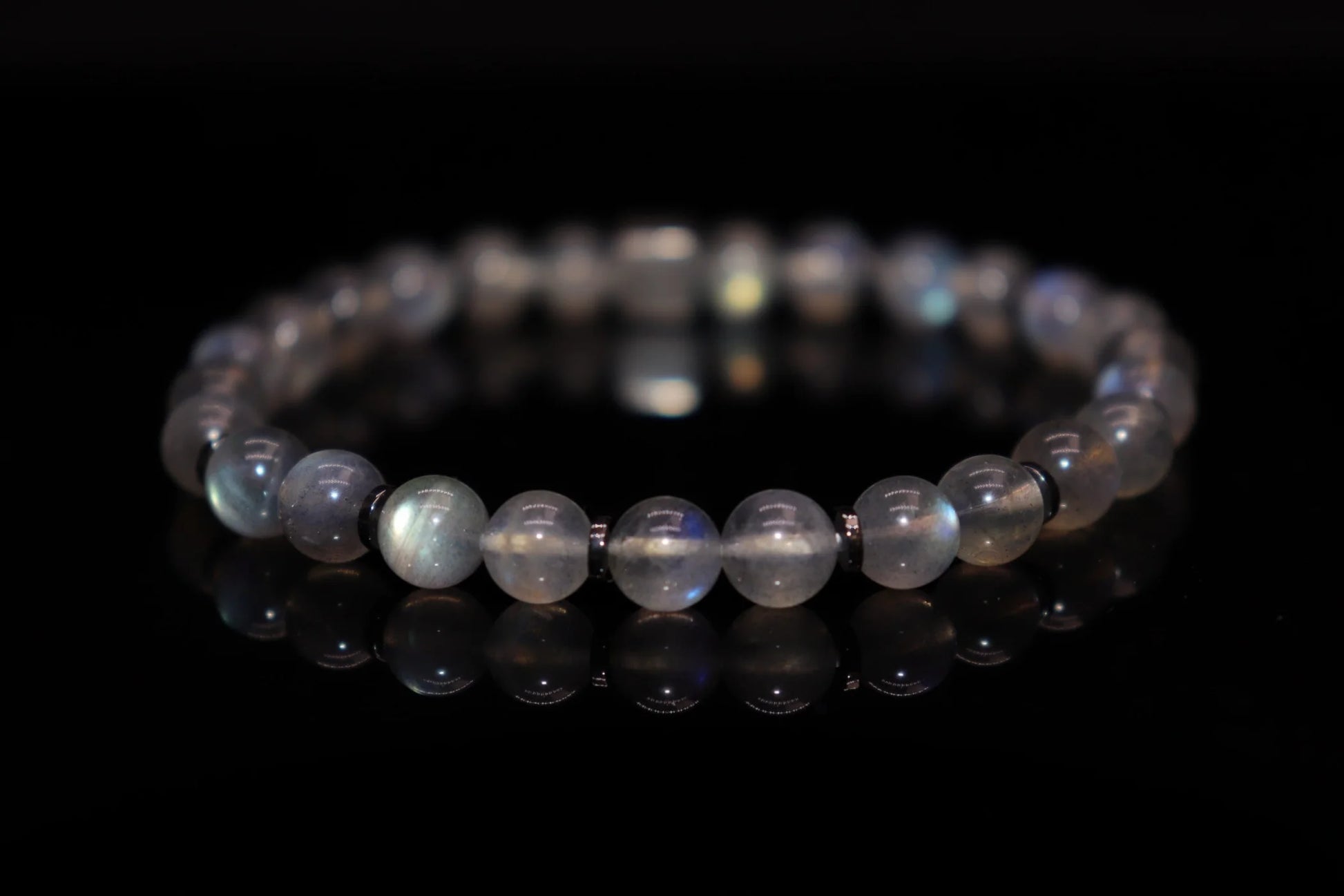 Grey moonstone silver bracelet 6mm with mystic silver-grey adularescent glow, Roman goddess Diana wisdom and love blessing jewelry product photo