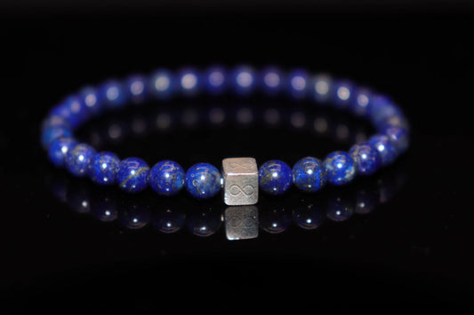  Lapis lazuli silver bracelet 6mm with deep ultramarine blue and golden pyrite flecks, wisdom stone of eternity and divinity jewelry product photo