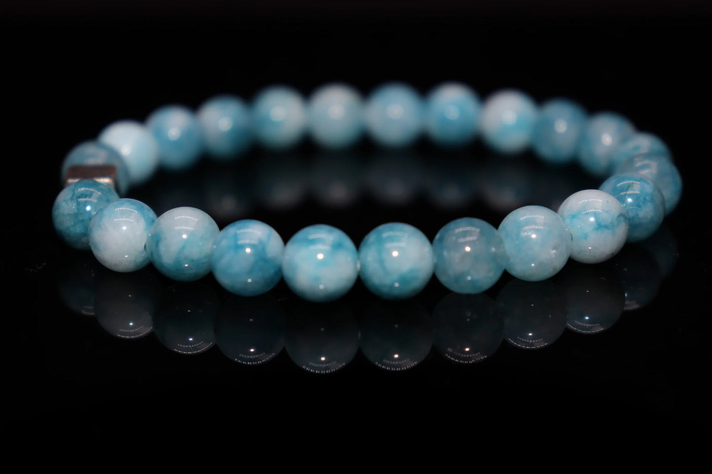 Larimar silver bracelet 8mm with rare Caribbean ocean blue stone beads, Dominican Republic volcanic gemstone jewelry product photo